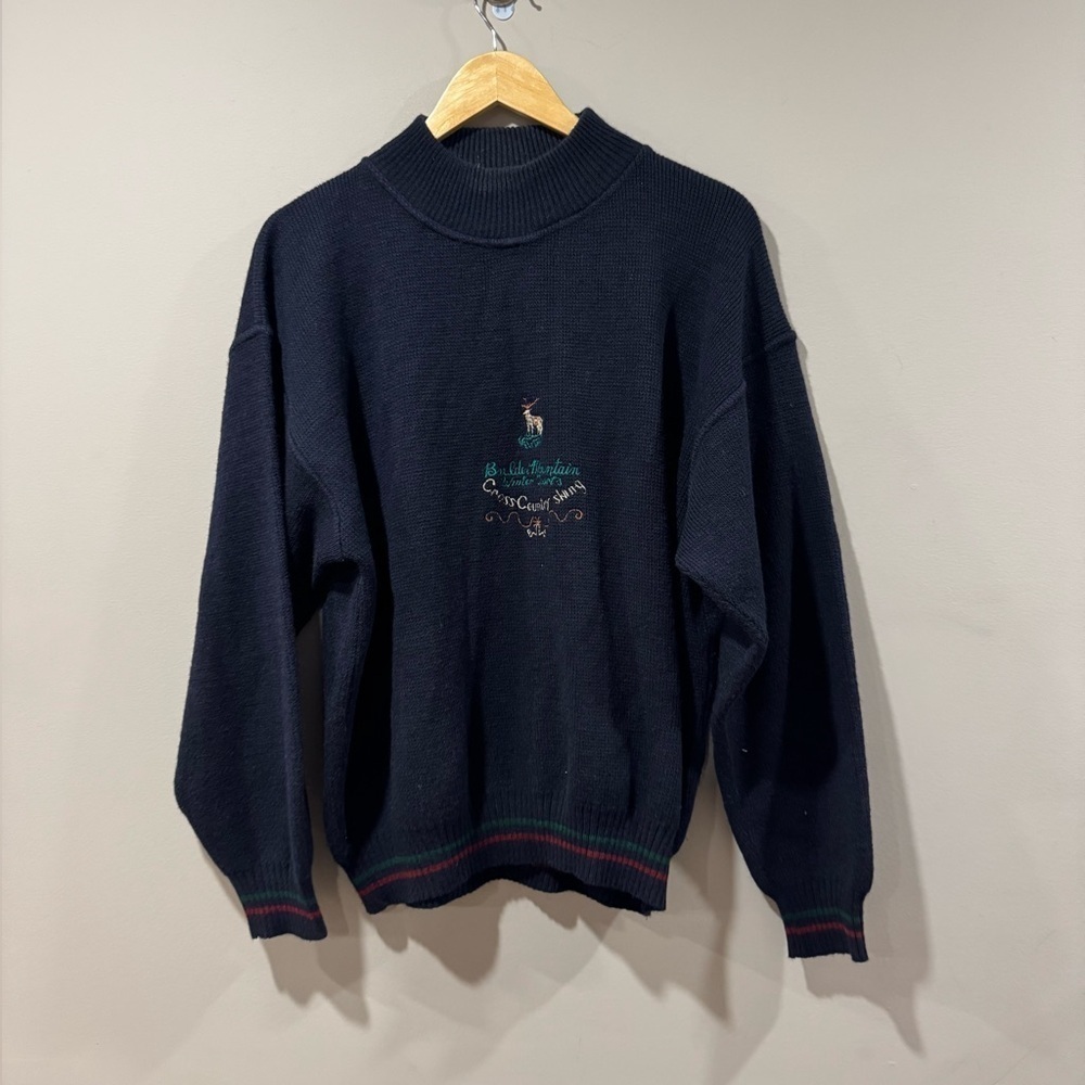 Vintage Oshkosh Ski Sweater Womens Large Blue Mock Neck Boulder Mountain Winter